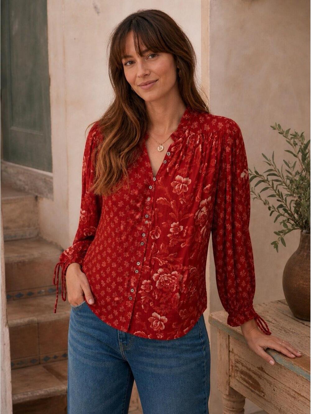Sundance Janica Red Floral Button-Up Blouse Color Block 100% Cotton Boho XS NWOT